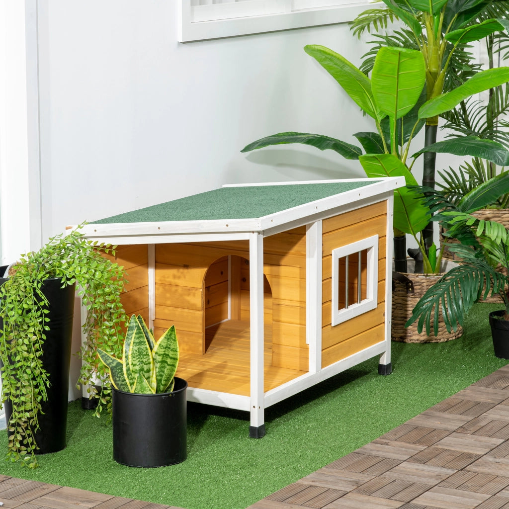 Casetta da giardino con veranda coperta tetto apribile finestra e piedi regolabili in legno arancione 85,5 × 62 × 60 cm