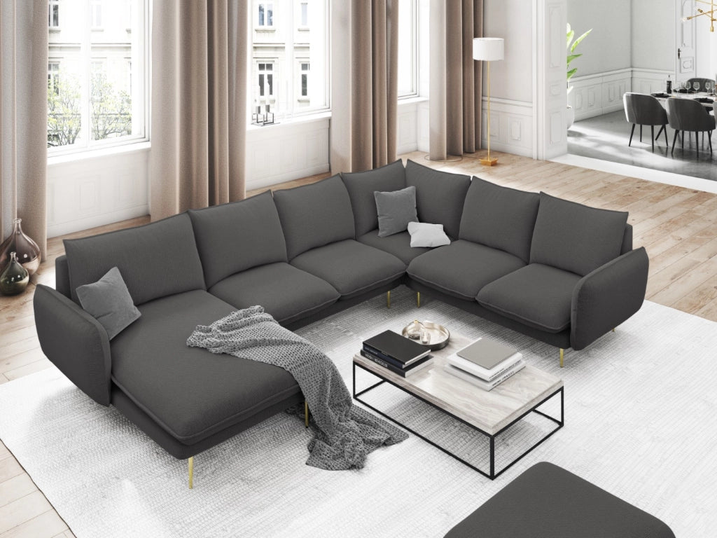 Cosmopolitan Design - Divano panoramico destro "Vienna" 7 posti in tessuto strutturato grigio scuro 
