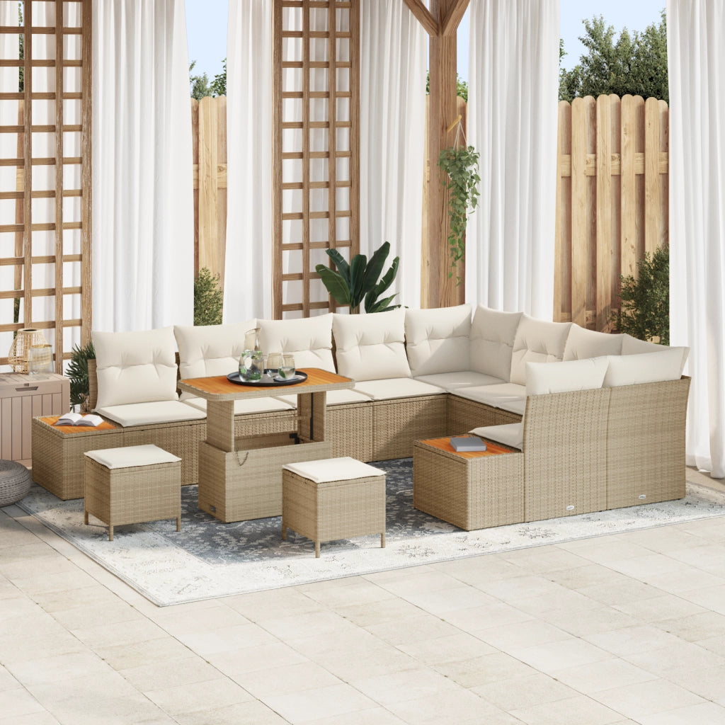 Set Divano da Giardino 12 Pezzi con Cuscini Beige in Polyrattan Acacia