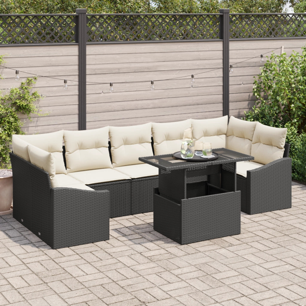 Set da Giardino 8 Pezzi con Cuscini in Polyrattan Nero