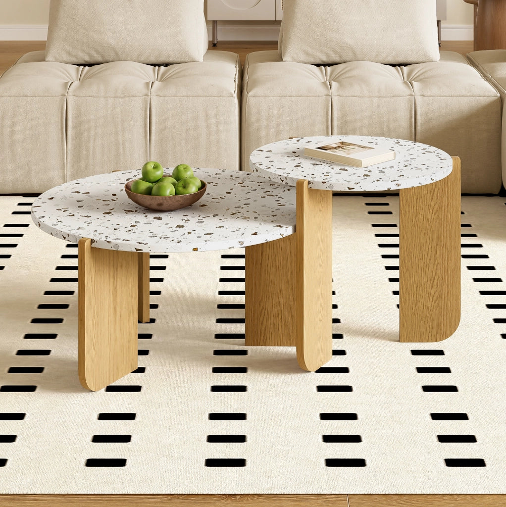 Set di 2 Tavolini Nesting in MDF Bianco e Colore Legno per Soggiorno e Balcone