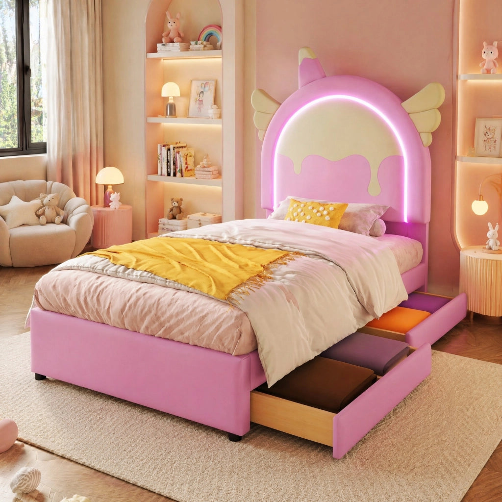 Letto imbottito a unicorno con luce e 2 cassetti, 90×200 cm rosa