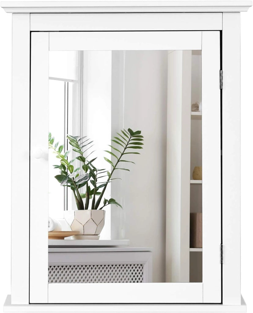 Armadietto a Specchio per Bagno, Mobiletto a Muro in MDF, con Ripiano Regolabile in Altezza, Pensile a Parete, 56 x 15 x 69 cm, 4 Colori (bianco)