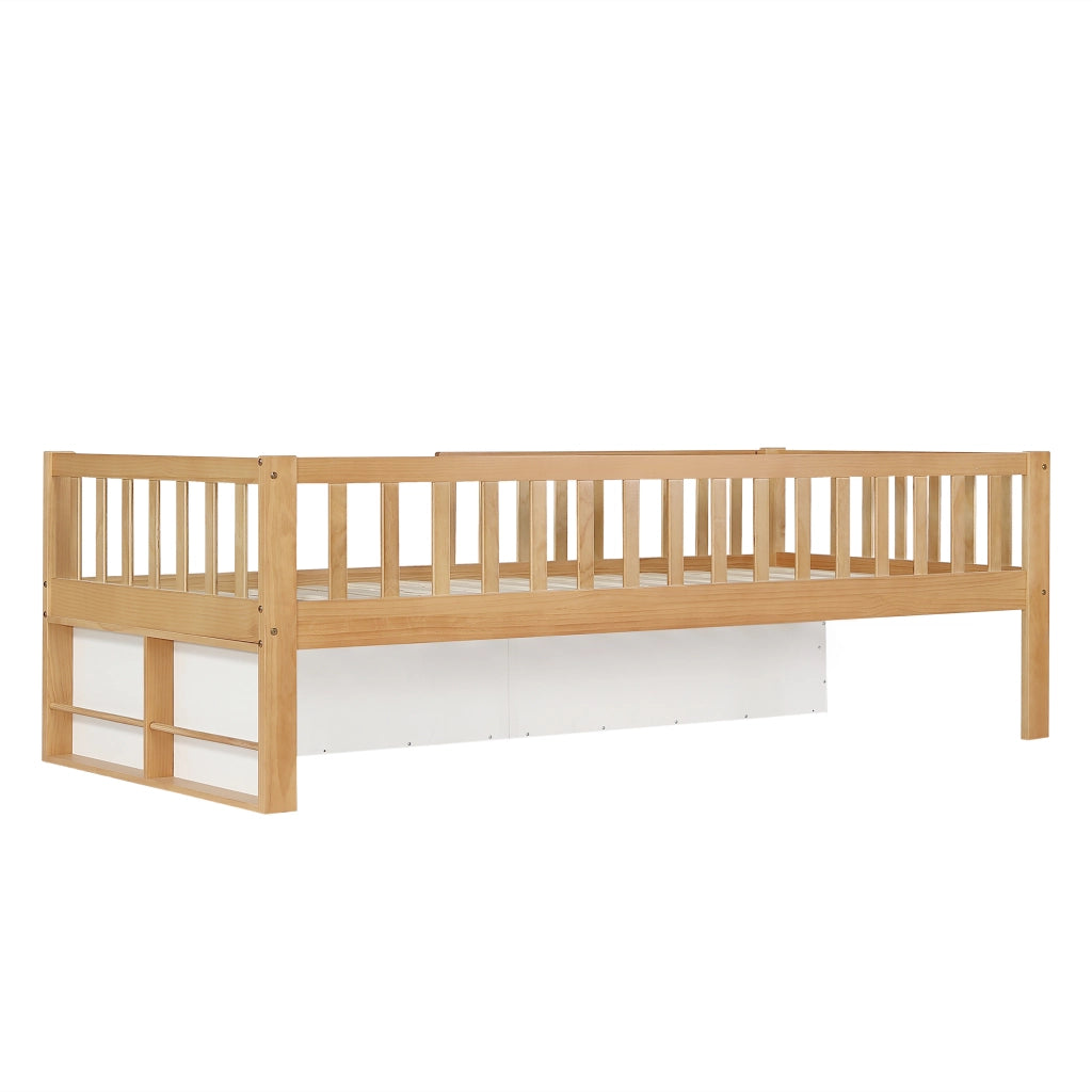Letto per bambini 90x200 cm, con sponde di sicurezza, completo di cassetti e contenitore, color legno naturale