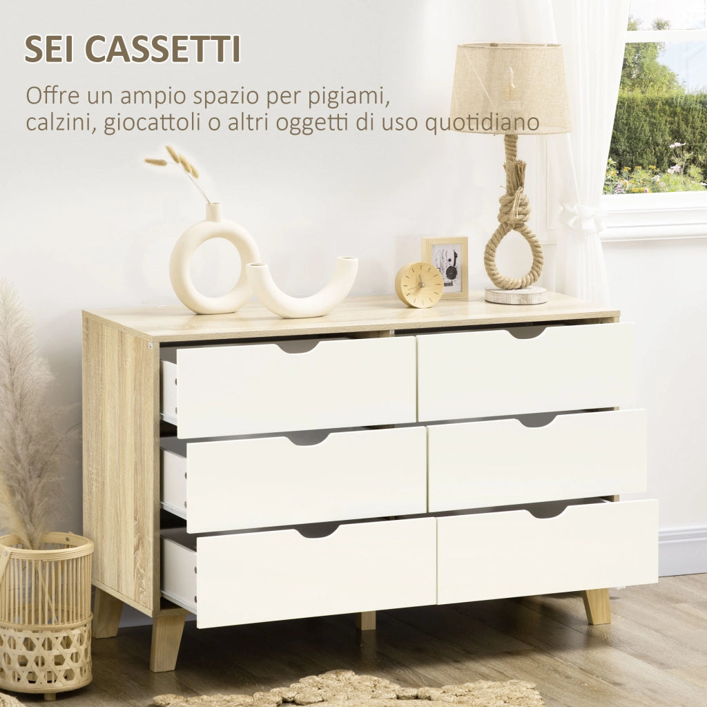 Cassettiera 6 Cassetti con Maniglie Intagliate in Legno. 120x40x76 cm. Bianco e Rovere