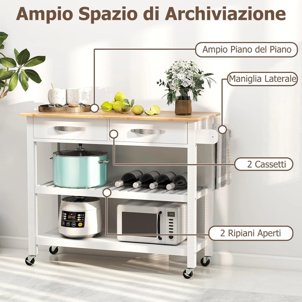 Carrello da Cucina con Ruote Multiuso, Mobile Cucina Salvaspazio in Legno, con 2 Cassetti e 2 Ripiani Aperti, Credenza per Sala da Pranzo, 116 x 43 x 89 cm (Bianco)