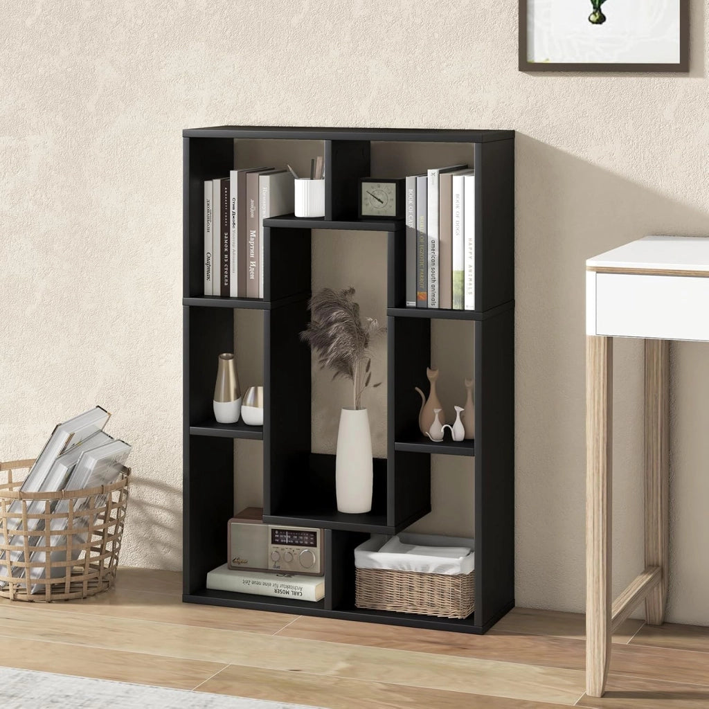 Libreria in Legno, Scaffale Aperto Geometrica a 7 Cubi, Scaffale da Esposizione con Dispositivo Anti-Ribaltamento, per Ufficio Soggiorno Camera da Letto, 60x20x90 cm (Nero)