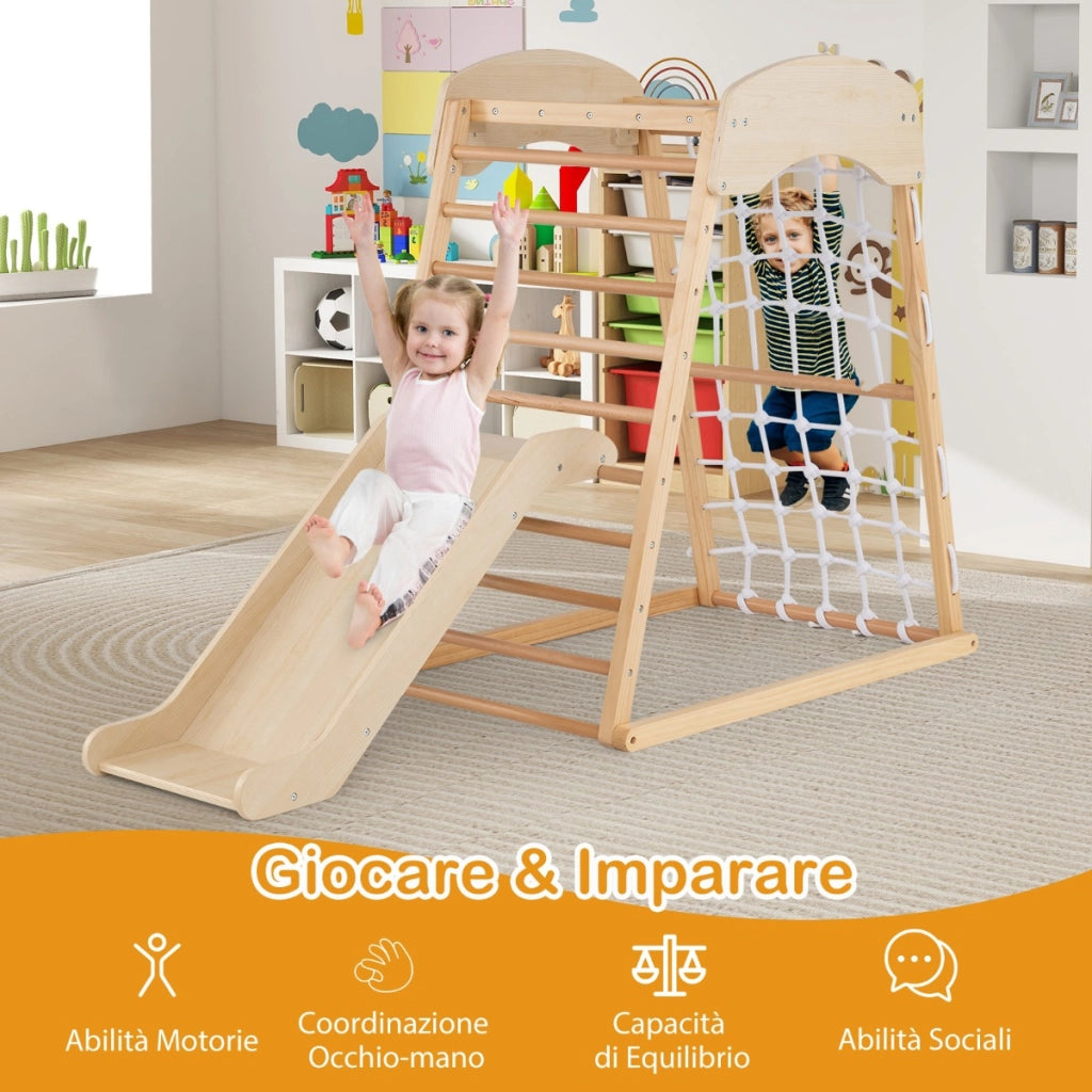 Set gioco da arrampicata in legno con ancoraggi al pavimento, Parco giochi con rampicata a doppia faccia Naturale-Arrampicate e scivoli