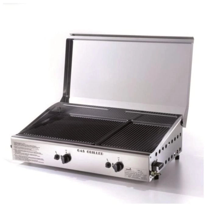 Ompagrill 8006339417146 Plancha Double Piastra di Cottura a Gas Doppia Griglia in Ghisa e Acciaio Inox 2 Bruciatori 6 kW colore Inox satinato