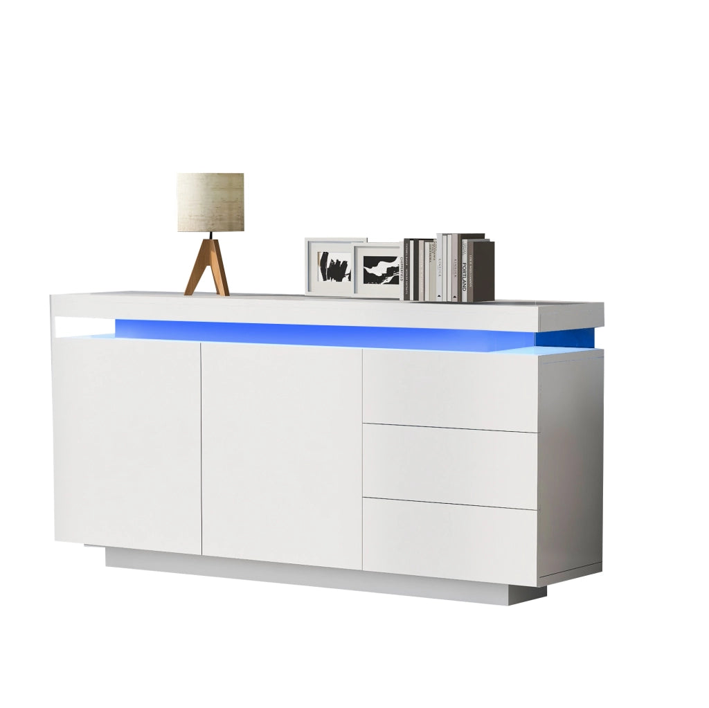 Credenza 140x35x72.5 cm con LED; 2 ante e 3 cassetti; bianco