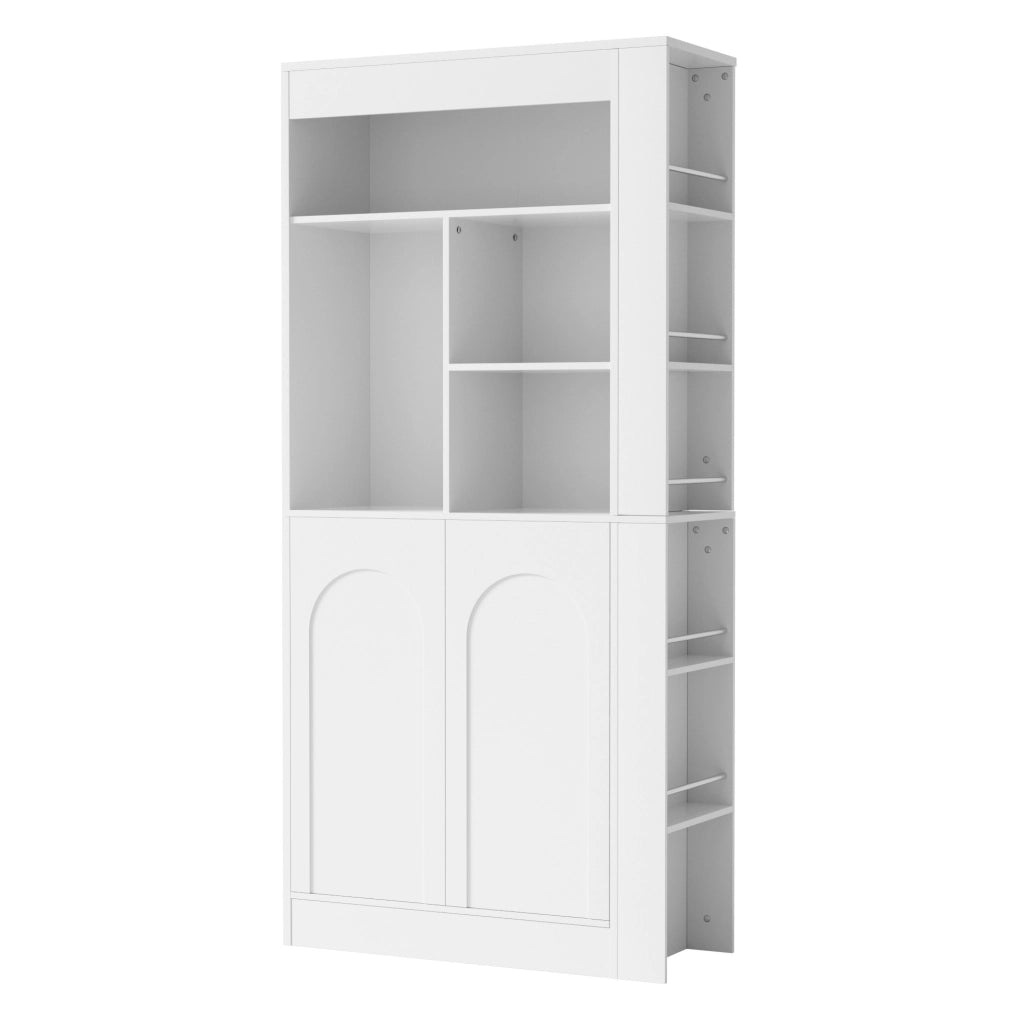 Armadio multiuso bianco con 2 ante, ripiani aperti laterali e mensole, 85×35×180 cm