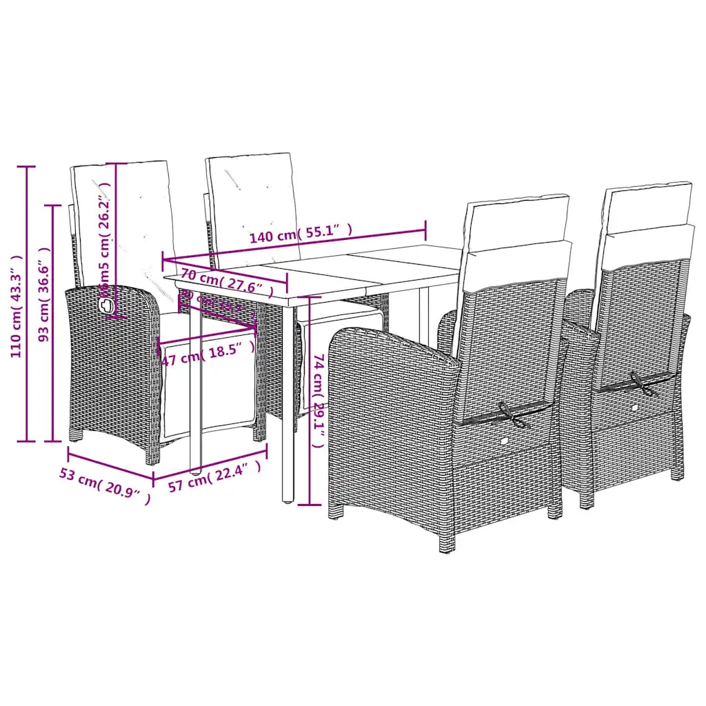 Set da Pranzo da Giardino 5 pz Nero con Cuscini in Polyrattan 3212537