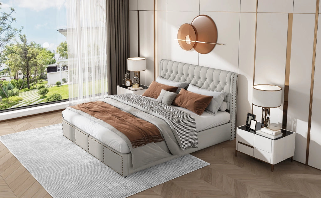DESMIU Letto con contenitore 160 × 200 cm 2 posti con vano e borchie, senza materasso, in lino grigio
