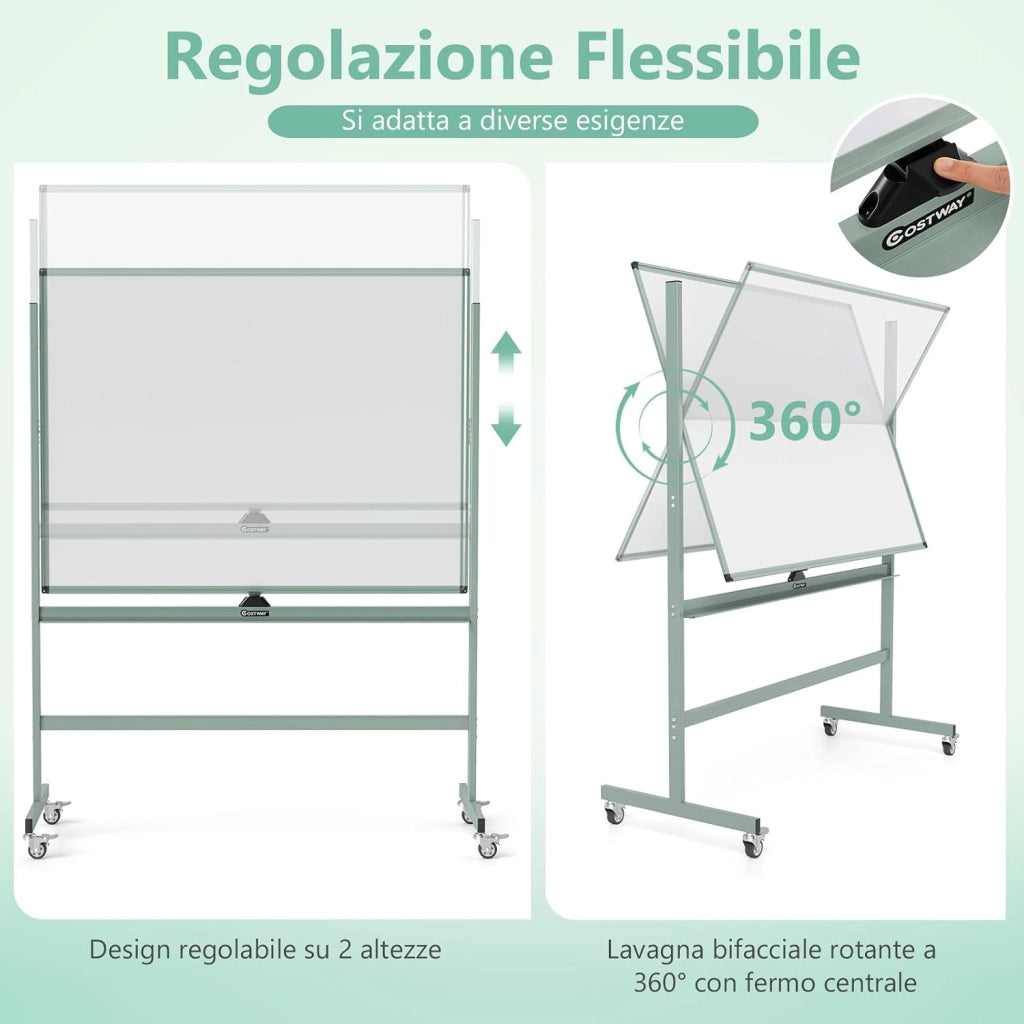 Lavagna Bianca Magnetica Doppia, Lavagna Bianca Regolabile in Altezza e Ruote Bloccabili, 6 Pennarelli, 12 Calamite e 1 Cancellino, Ideale per Scuola, 126 x 53,5 x 160-180 cm (Verde)