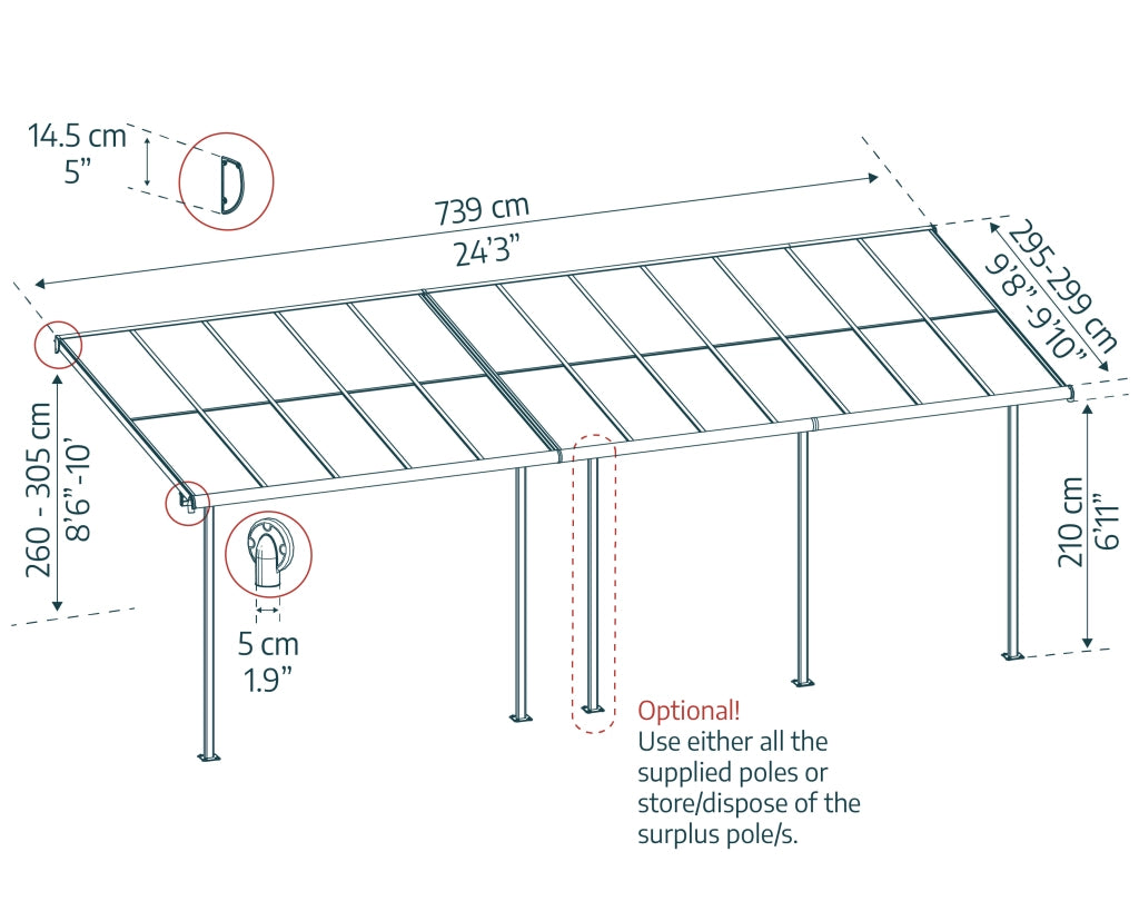 Canopia Sierra Cabrio Pergola Addossata in Alluminio 3X7.4 m Struttura grigia / Pannelli grigio opaco