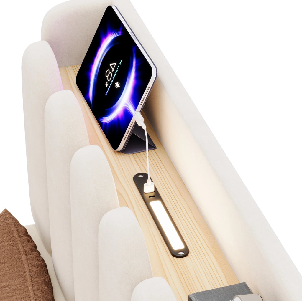 Letto imbottito 90x200 cm con contenitore; prese USB e Type-C; luce notturna in velluto beige