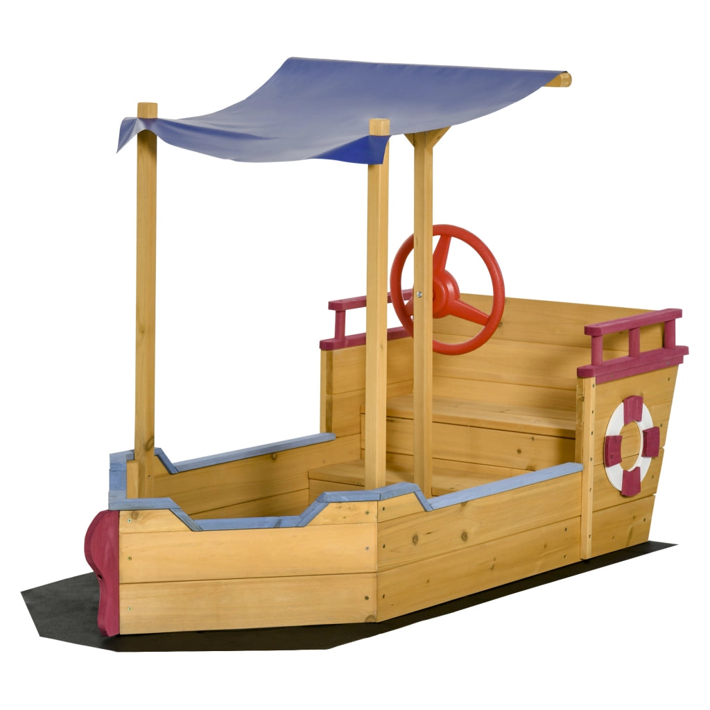 Casetta da giardino per bambini in legno a forma di barca pirata ¨C zephmum ¨C con vela ombreggiante, baule e timone