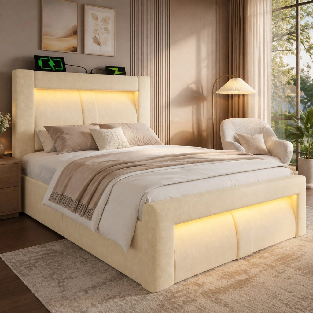 Letto singolo 90x200 cm con contenitore, illuminazione LED con controllo app, porte USB e Type-C, velluto beige, senza materasso