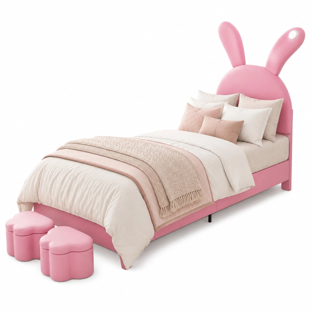 Letto imbottito 90x200 cm in velluto francese rosa con LED e contenitori laterali