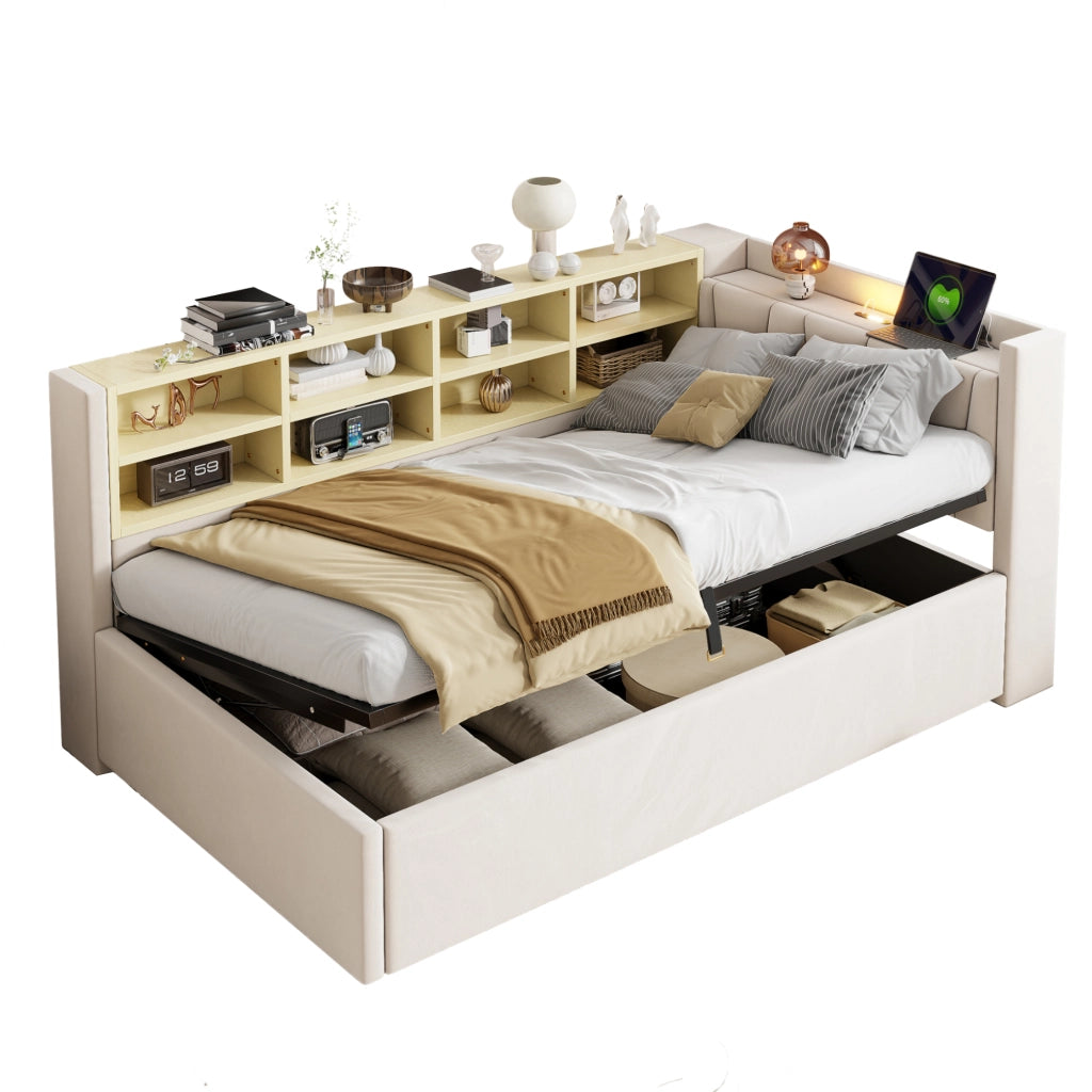 Letto imbottito con funzione divano letto in velluto beige 90x200 cm