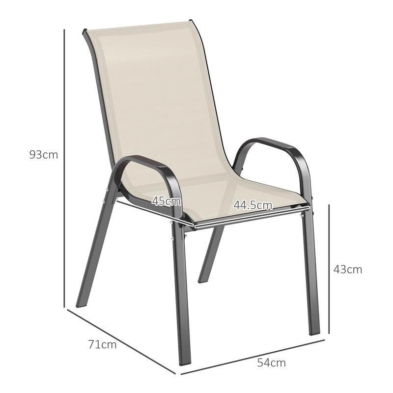 SET 4 SEDIE DA GIARDINO IMPILABILI CON BRACCIOLI CURVI, IN ACCIAIO E TESSUTO TRASPIRANTE, 54X71X93 CM, BEIGE