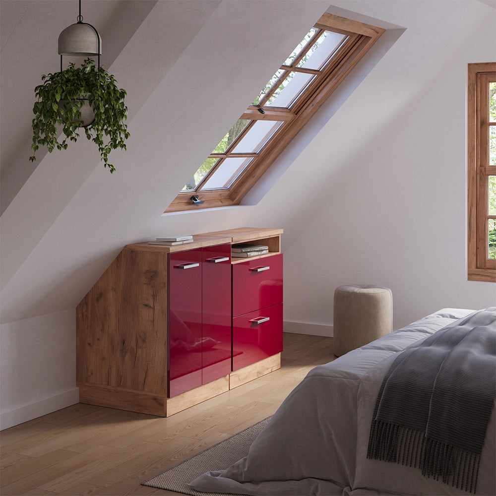 Set di mobili sottotetto Rion Rosso lucido/Rovere dorato 120 cm Set di 2 carcasse armadio profondità 60 cm Vicco