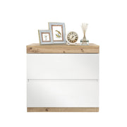Comodino con 2 cassetti e vano contenitore; stile classico; per camera da letto; in truciolare; bianco e rovere