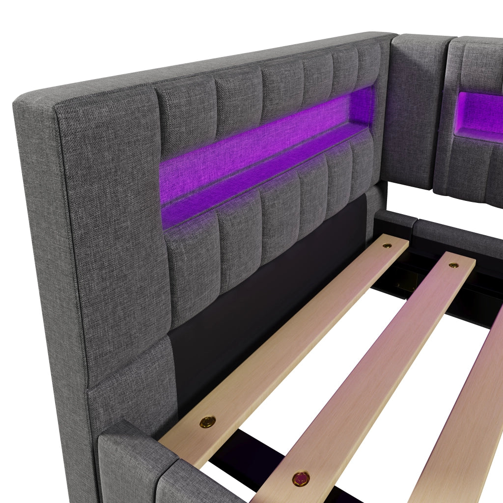 OKWISH Letto a Divano 90×200 cm, Letto Singolo con Contenitore, USB, Tipo C e LED Regolabile, senza Materasso, in Lino, Grigio