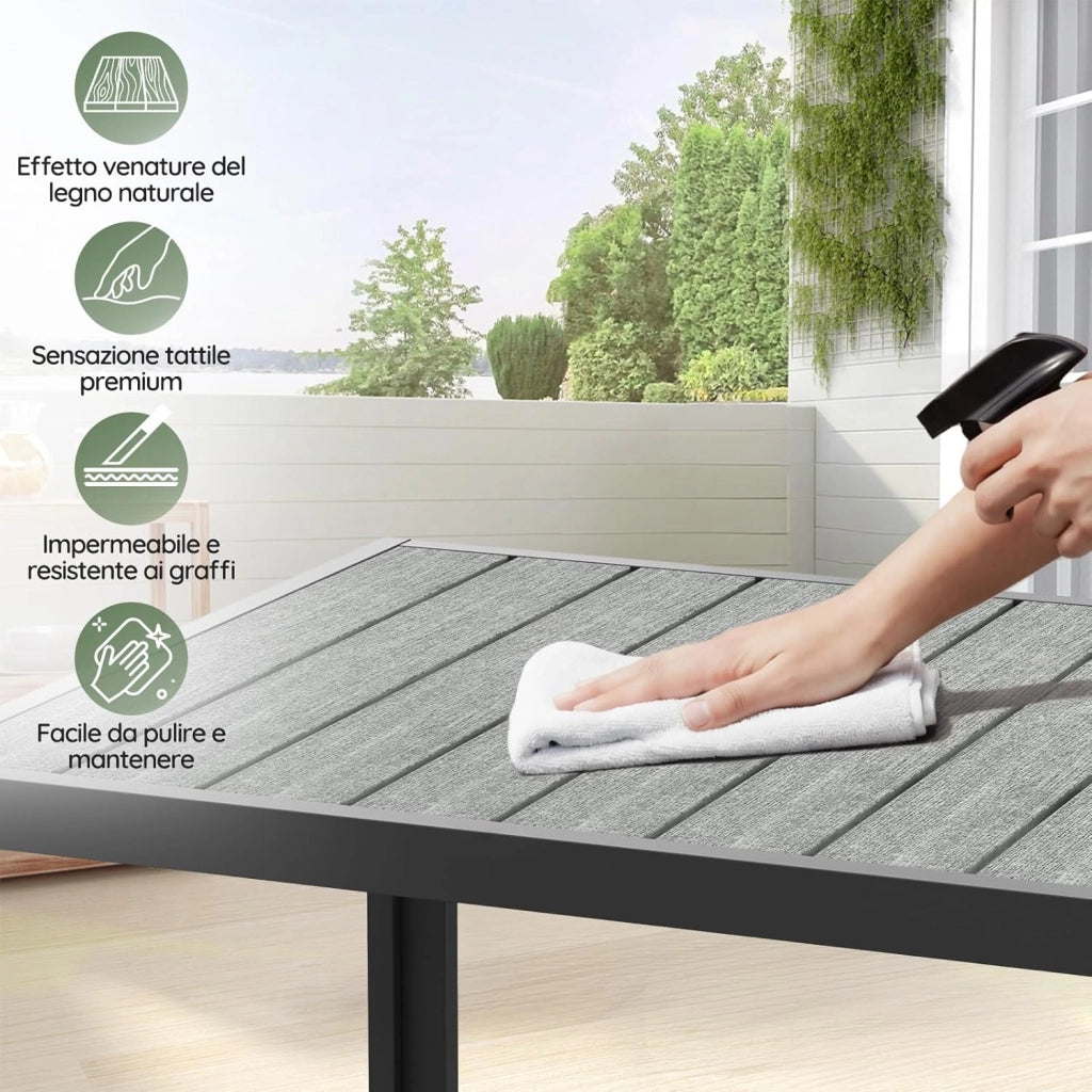 Set di Arredo da Giardino 8 Persone, Set di Tavolo 189 cm Design a Vena di Legno e 8 Sedie Impilabili da Esterno in Alluminio, Ideale per Cortile, Terrazza o Ai Margini della Piscina, Grigio