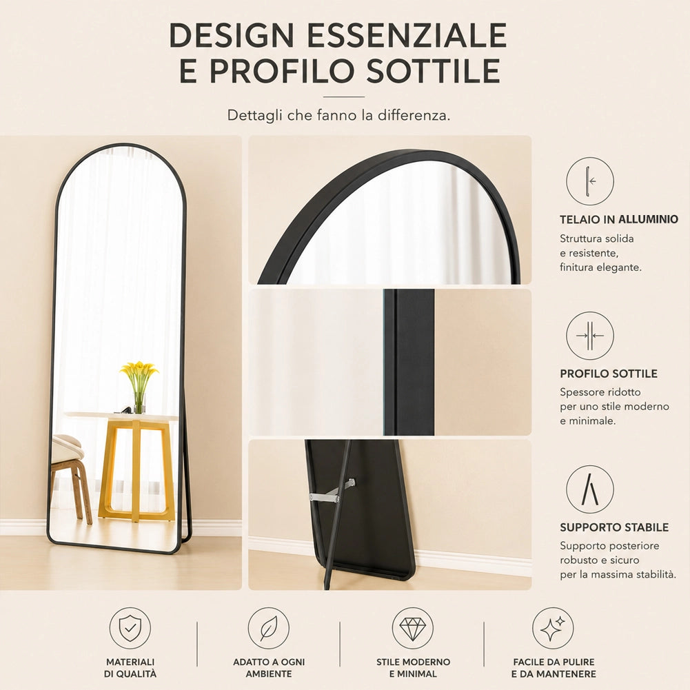 Specchio ad Arco da Terra e Parete Nero Decorazione Design Moderno 155x45 cm
