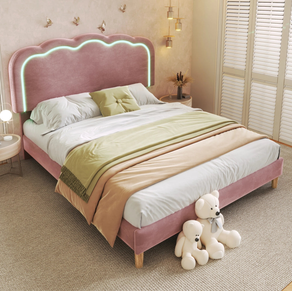 Letto matrimoniale 140x200 cm con testiera regolabile e LED; velluto rosa