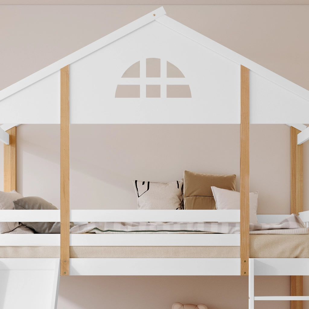 OKWISH Letto a Castello 90×200 cm, Letto Singolo con Scivolo, Scala 3 Gradini e Finestra, senza Materasso, in Legno, Bianco e Naturale