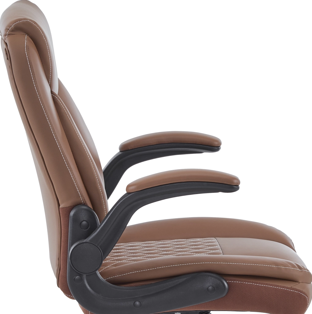 Sedia da ufficio ergonomica con supporto lombare; braccioli ribaltabili e seduta imbottita; marrone