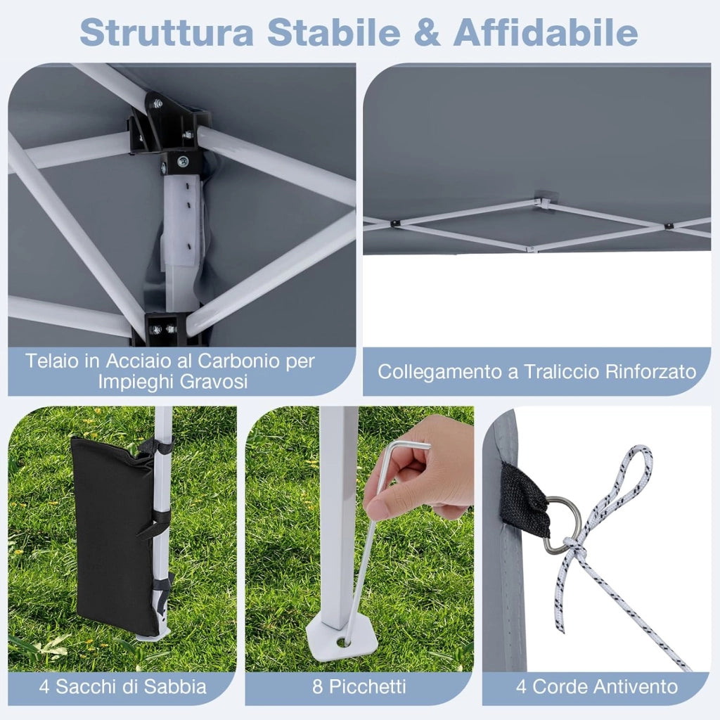 Gazebo da Esterno Pieghevole 290 x 290 cm, Gazebo Pop up con 4 Sacchi di Sabbia e Borsa da Trasporto, Regolabile in Altezza, Telaio Robusto in Metallo, per Mercato, Campeggio (Grigio)