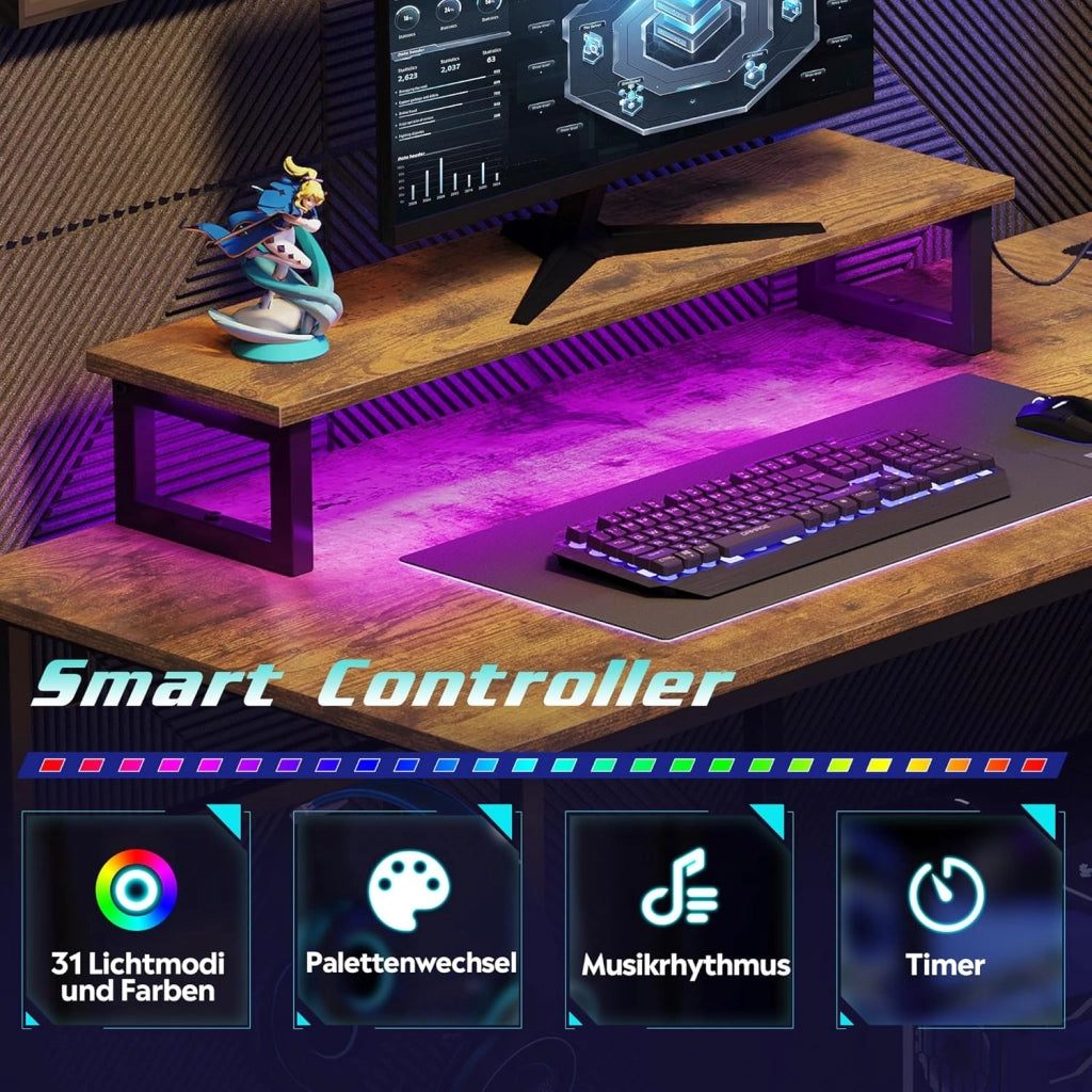 Scrivania angolare Gaming con LED RGB ¨C zephmum ¨C Vintage marrone 122x80 cm