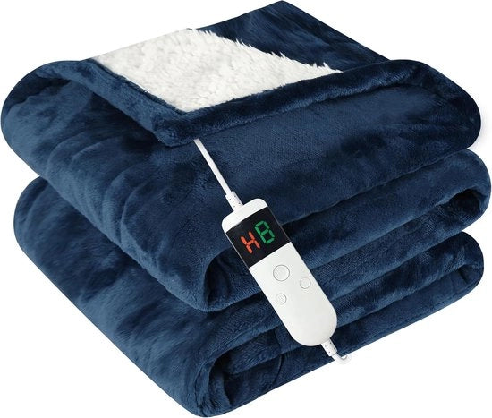 Deken elettrico - 10 livelli di riscaldamento - 8 ore di spegnimento automatico - deken sherpa comoda e soffice - blu Twin