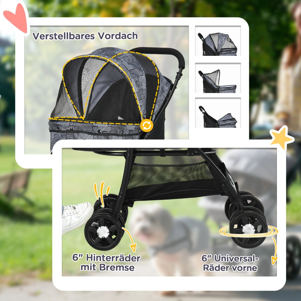 Carrello pieghevole per cani grandi con 2 guinzagli di sicurezza ruote posteriori con freno in poliestere nero