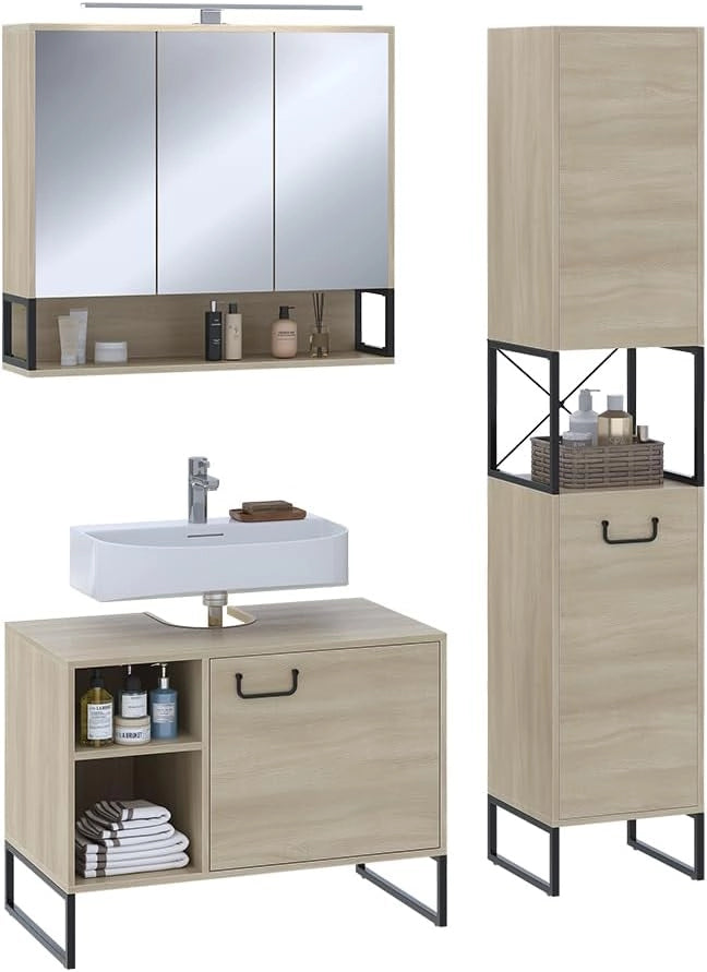 Set di mobili da bagno Vionna, Quercia/nero, 80 cm, composto da mobile sottolavabo, specchiera e mobile medio