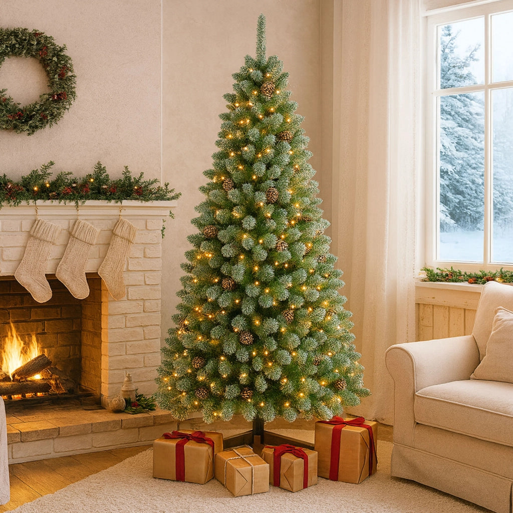 Comet - Albero di Natale con luci LED e pigne ø110 x 210H, 1200 rami e 60 pigne