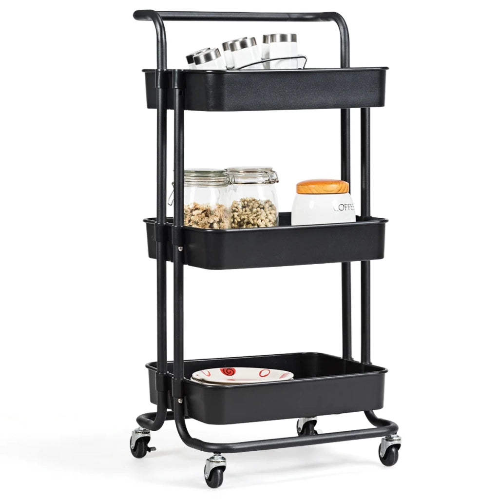 Carrello di servizio con ruote 42 x 35 x 87 cm portata fino a 60 kg pratico contenitore metallo nero 20_0011381