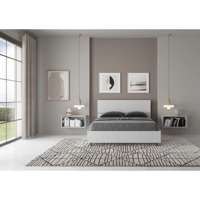 Letto Matrimoniale francese 140x200 cm testata dritta Demas - Contenitore,Bianco Frassino