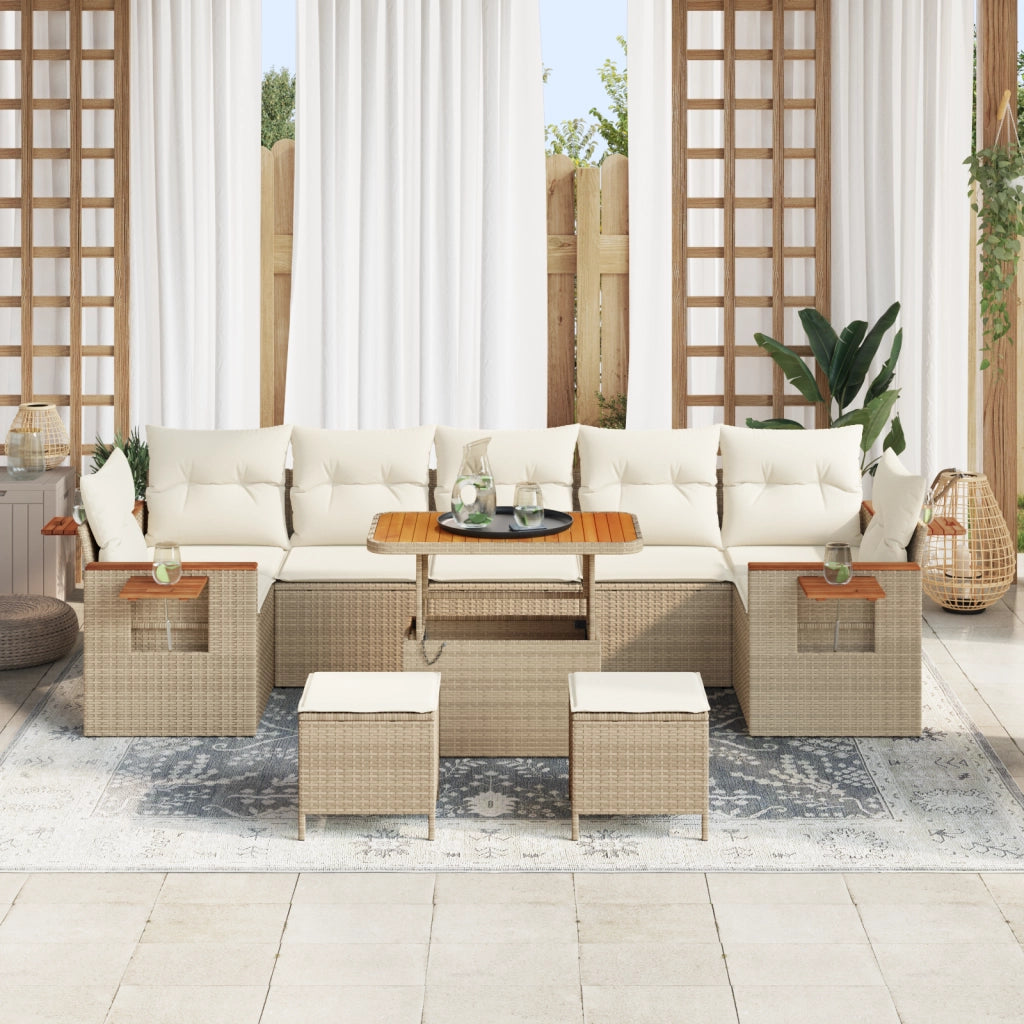 Set divano da giardino 10 pezzi  con cuscini beige in polirattan e legno