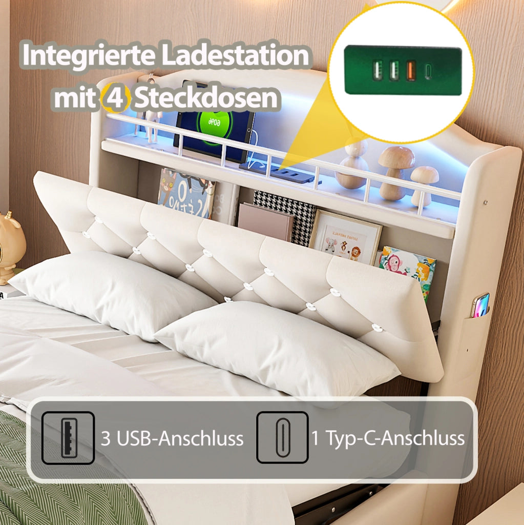 Letto imbottito per bambini 90x200 cm con LED, USB e vano contenitore beige