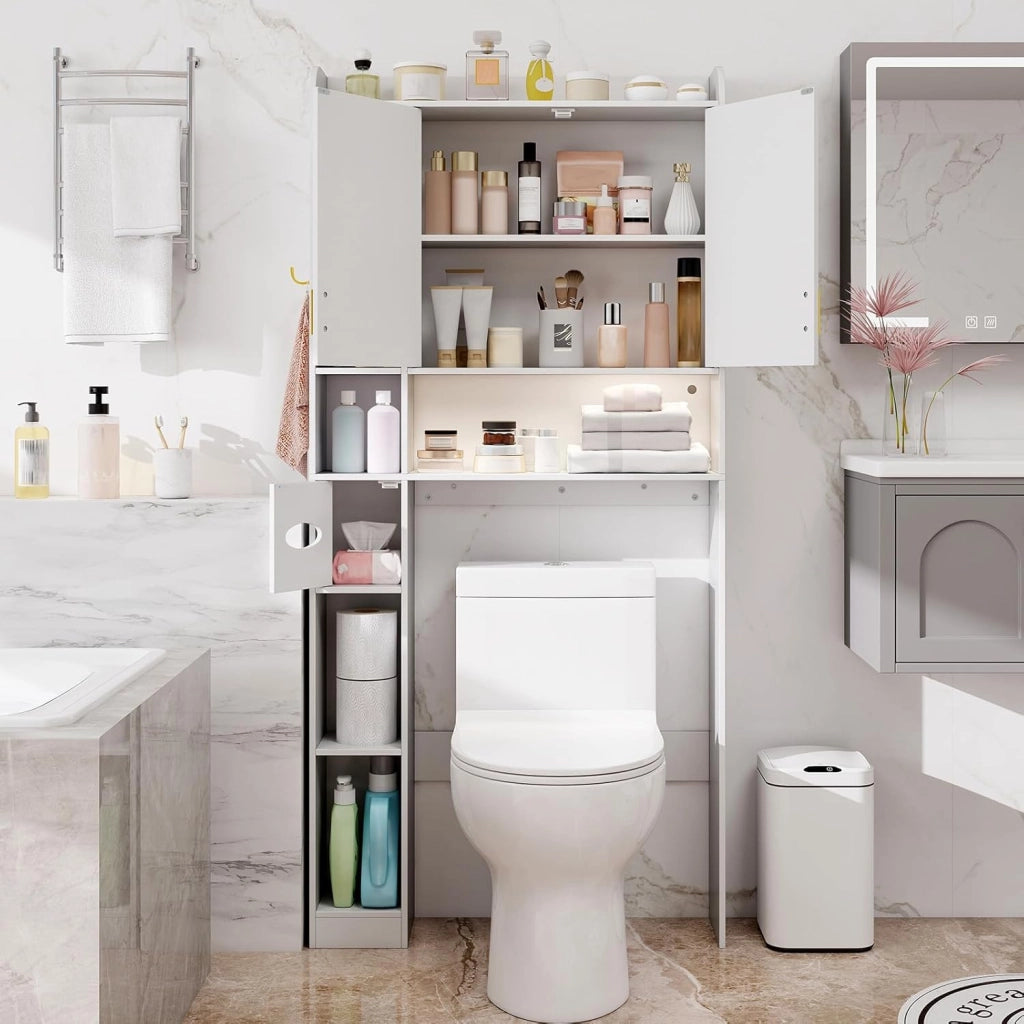 Mobile da Bagno Sopra WC, Scaffale Salvaspazio con Armadietto a 2 Ante, 6 Scomparti Aperti, Porta Fazzoletti, Gancio e Ripiano Regolabile, Mobiletto per Bagno e Lavanderia (Bianco)