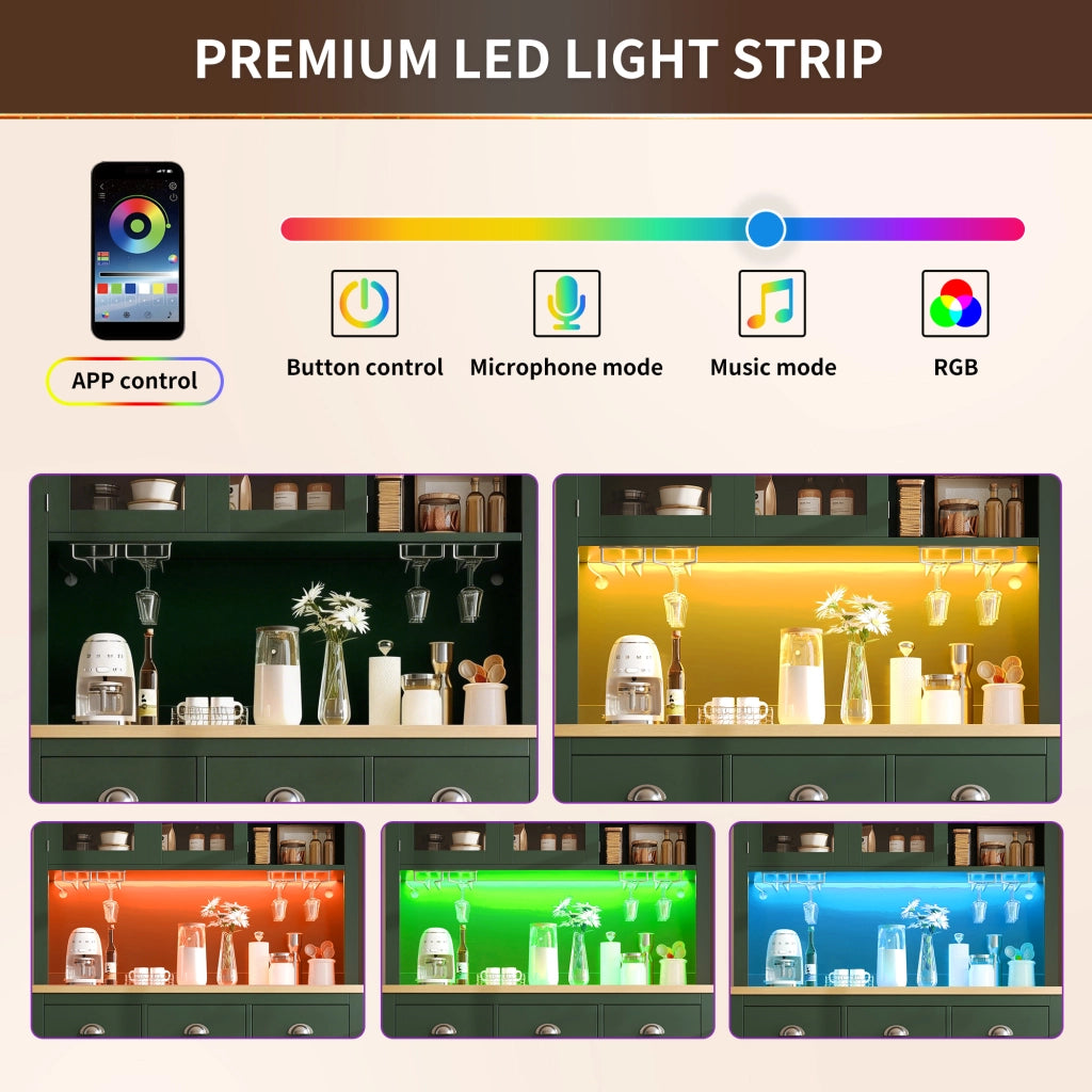 Credenza da cucina con LED controllabile via app; vani; cassetti e ripiani interni in MDF verde 104 × 40 × 180 cm
