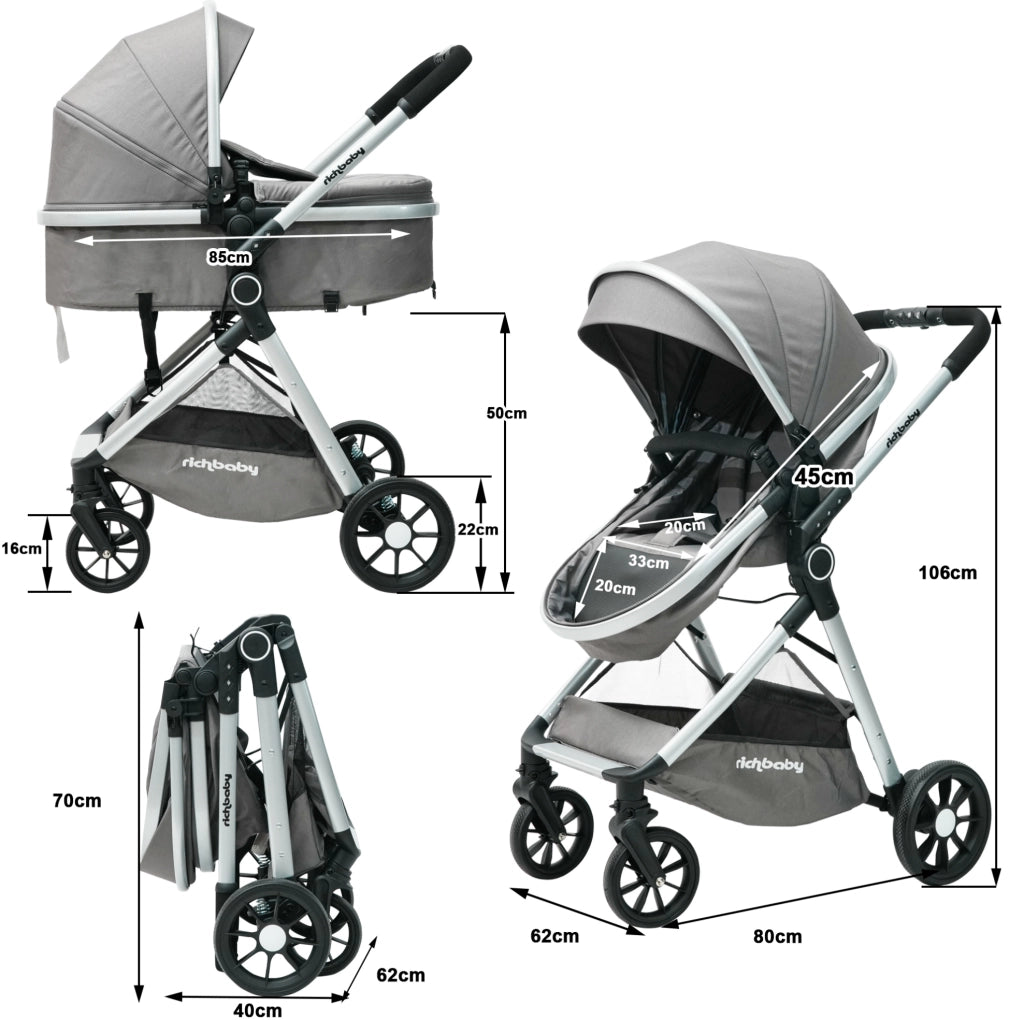 Passeggino 2 in 1 0-36 mesi grigio – schienale regolabile e chiusura compatta
