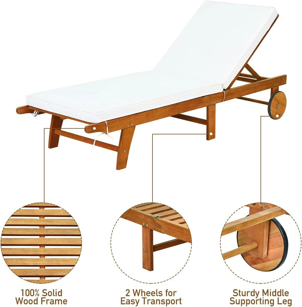 Lettino Prendisole con Schienale Regolabile, Sedia Sdraio in Legno di Eucalipto, Sdraio dav Spiaggia con Cuscino e 2 Ruote, Portata fino a 160 kg, Natura e Beige, ‎195 x 68 x 30-90 cm (1)