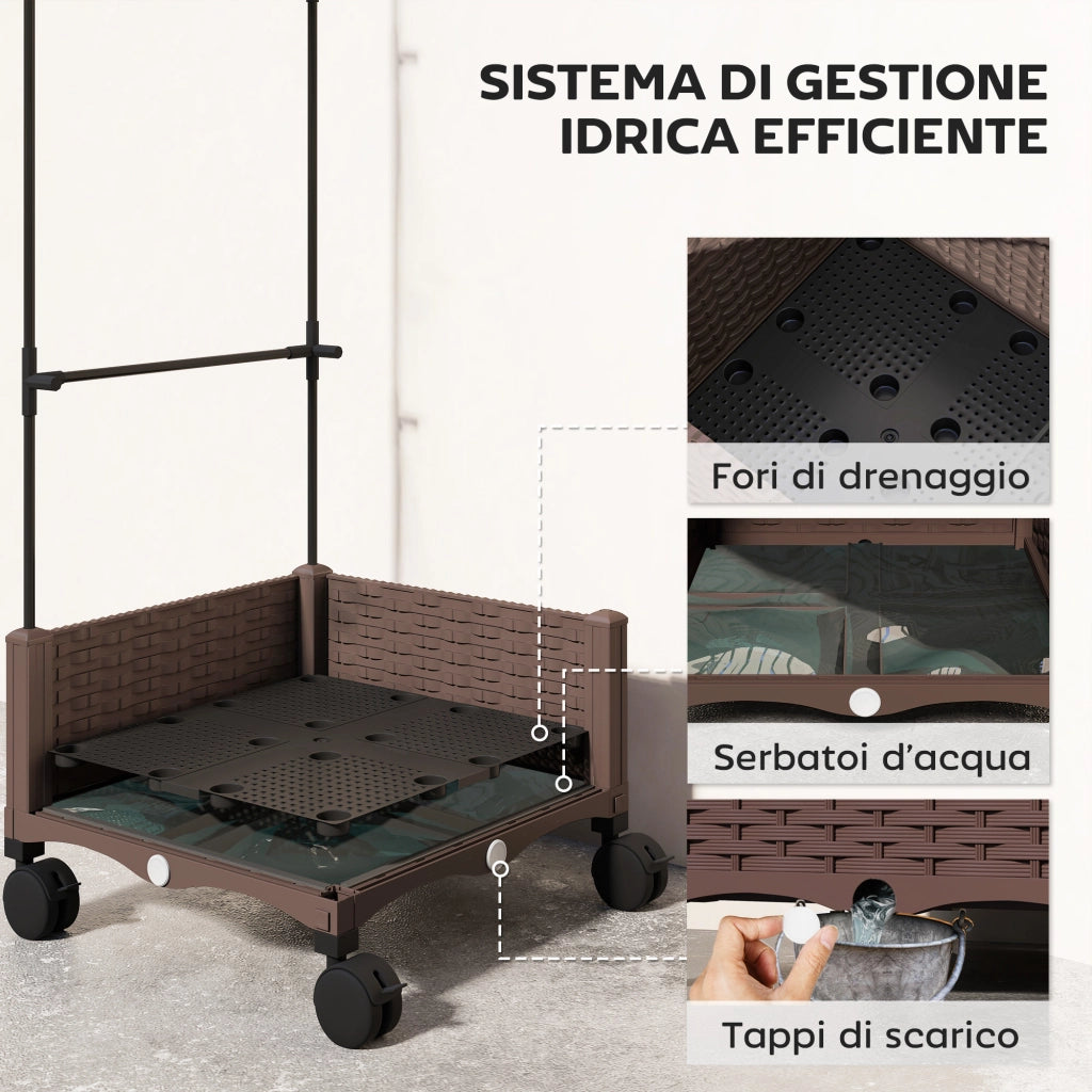 Fioriera Rialzata con Traliccio 20L Ruote Bloccabili e Sistema di Autoirrigazione in PP Marrone