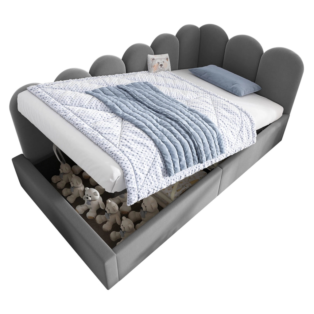 Letto contenitore 90x190 cm con rete idraulica; velluto grigio