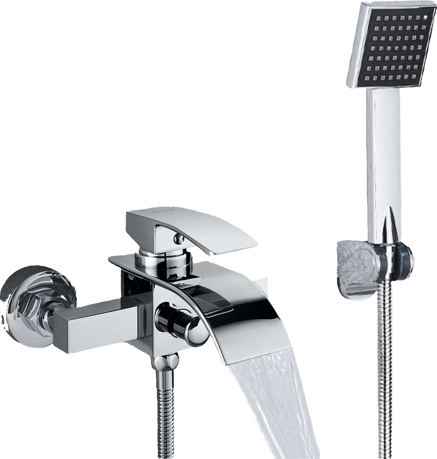 "ROSA" | Rubinetto per vasca a cascata doccia cromata| in acciaio inox con doccetta e supporto Set completo termostato vasca con rubinetto miscelatore